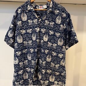 Java Wraps Hawaiian Shirt Blue Cream Tropical Print Cotton Large